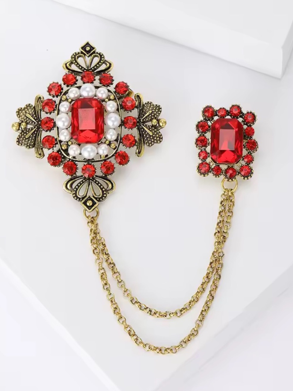 Anthropologie Gold-Tone Brooch with Red Gemstones and Pearls